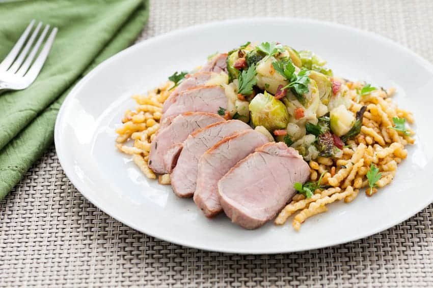 Pork Tenderloin with Brown Butter, Spaetzle, and Brussels Sprouts