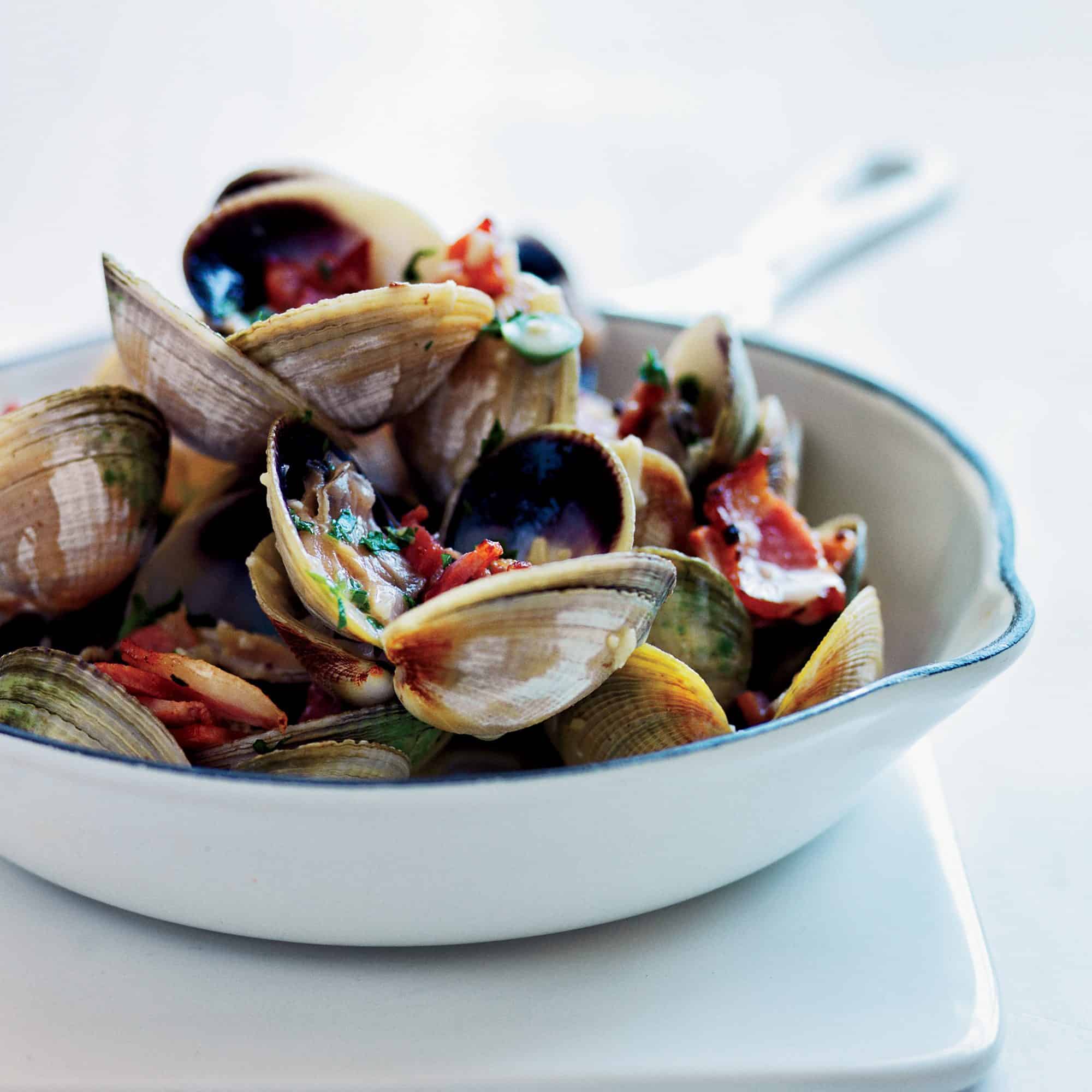 Pan Roasted Clams with Bacon, Bourbon, and Jalapeno