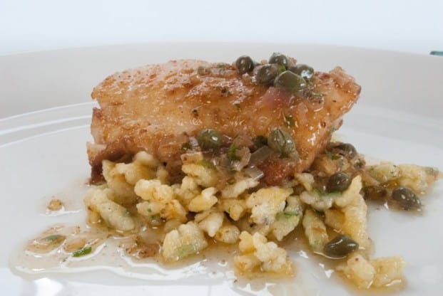 Seared Walleye Fillet With Brown Butter Caper Sauce and Spätzle