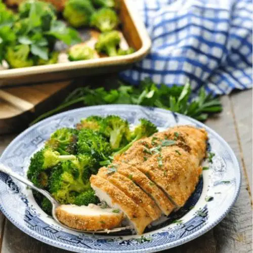 Baked Garlic Parmesan Chicken with Steamed Broccoli
