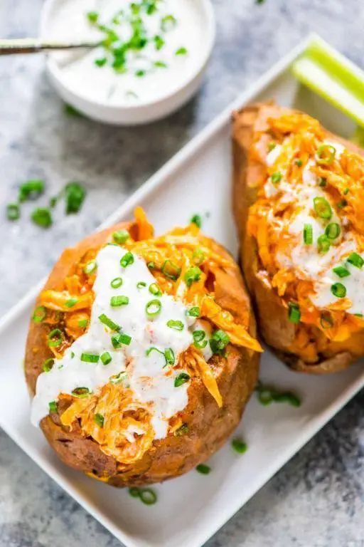 Buffalo Chicken Stuffed Sweet Potatoes