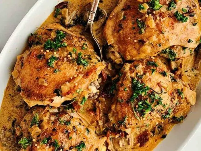 Chicken Thighs and Mushrooms in a Creamy Mustard Sauce