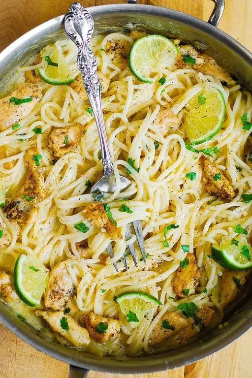 Chili Lime Shredded Chicken Pasta with Cilantro