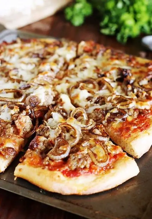 Elk Sausage Pizza with Caramelized Onions