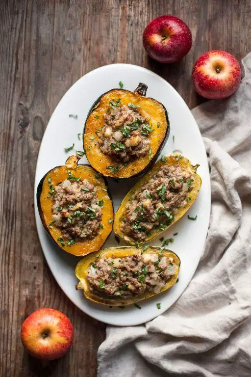Gala Apple and Sausage Stuffed Acorn Squash