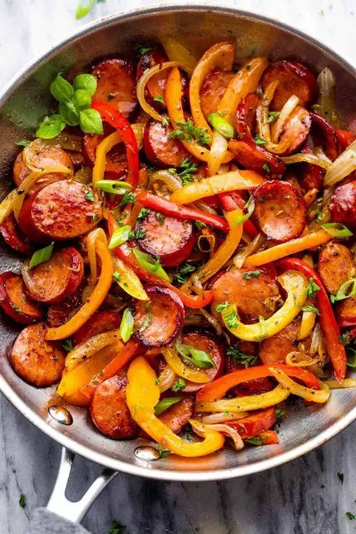 Grilled Andouille Chicken Sausage with Peppers and Onions