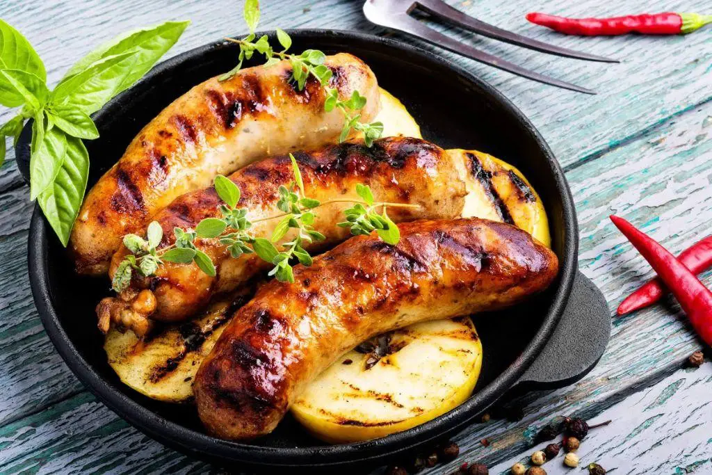 Grilled Sausage with Caramelized Onions and Apples