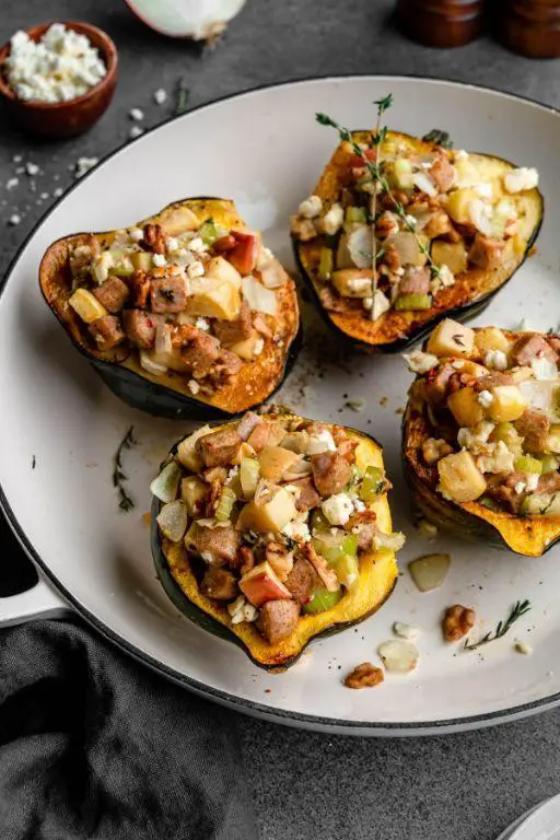 Ground Chicken Sausage and Apple Stuffed Acorn Squash