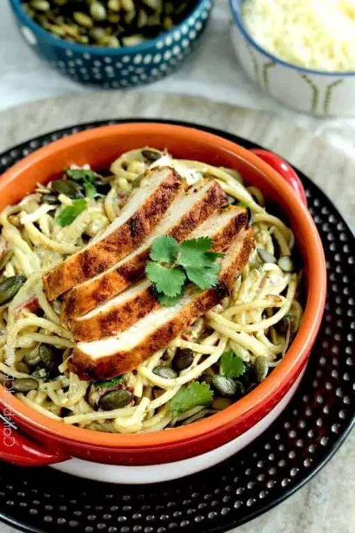 Healthy Avocado Lime Shredded Chicken Pasta