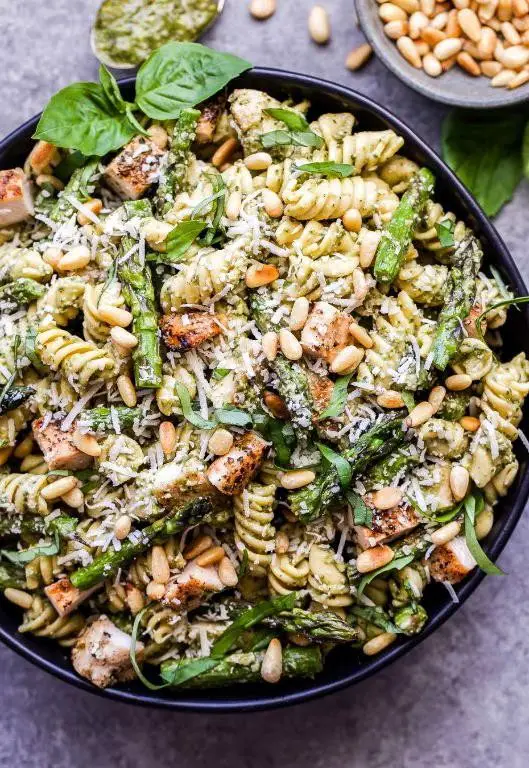 Pesto Shredded Chicken Pasta with Pine Nuts