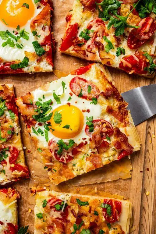 Phyllo Dough Breakfast Pizza with Tomato and Mozzarella