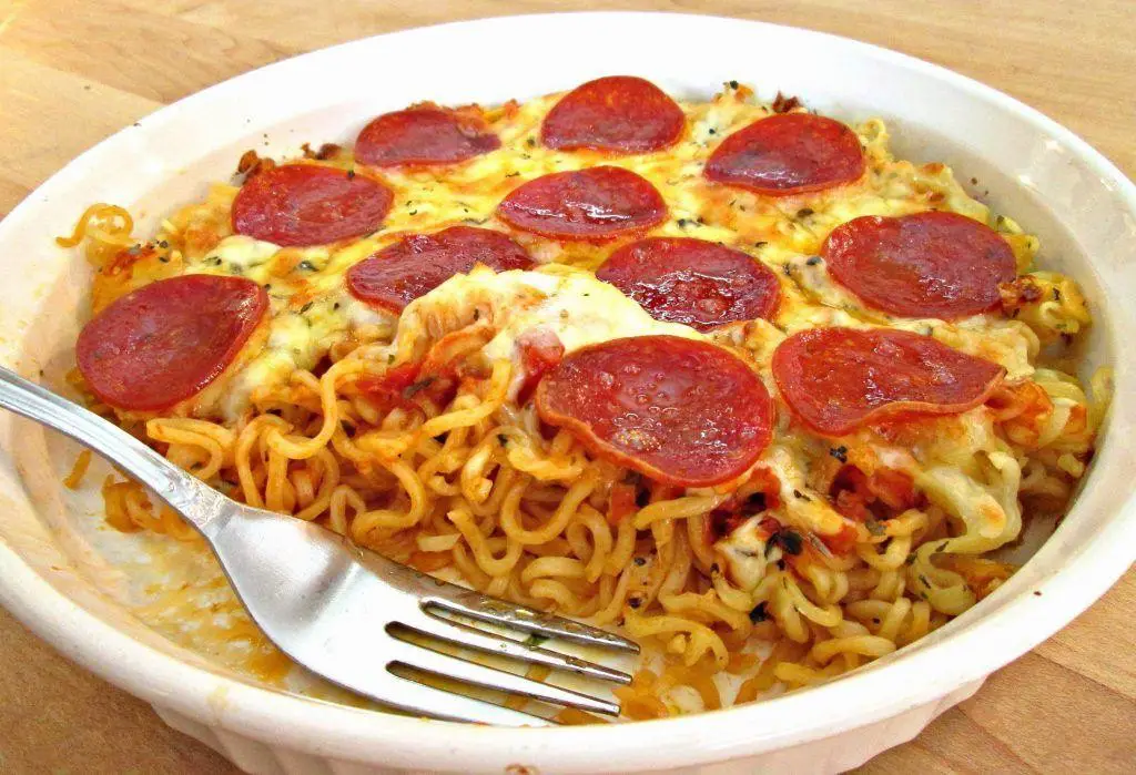 Ramen Pizza with Mozzarella and Pepperoni