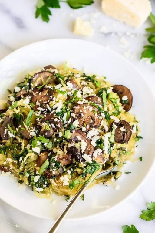 Spaghetti Squash Pasta with Mushrooms and Spinach