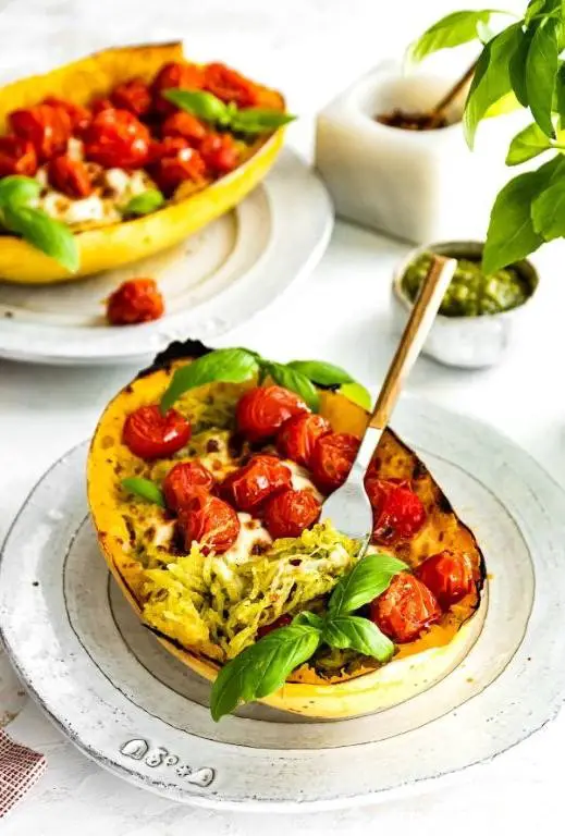 Spaghetti Squash Pasta with Pesto and Cherry Tomatoes