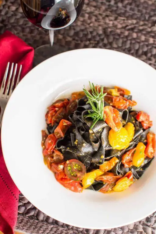 Spicy Squid Ink Pasta with Cherry Tomatoes