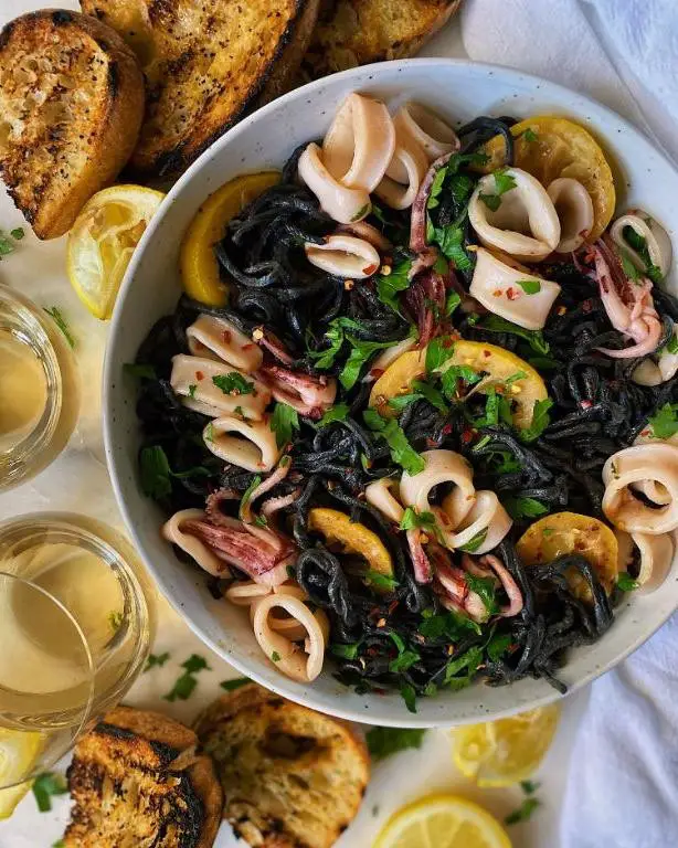 Squid Ink Pasta with Calamari and Lemon