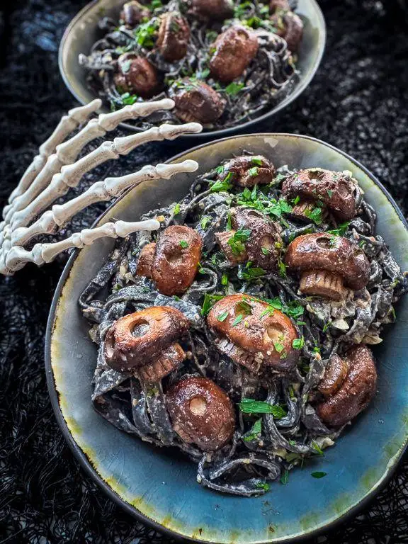 Squid Ink Pasta with Mushrooms and Truffle Oil