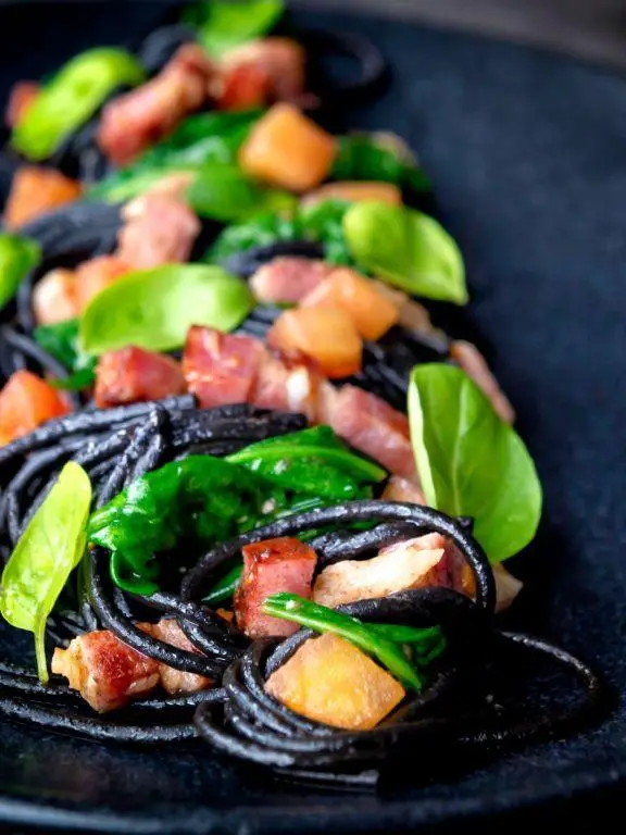 Squid Ink Pasta with Spinach and Goat Cheese