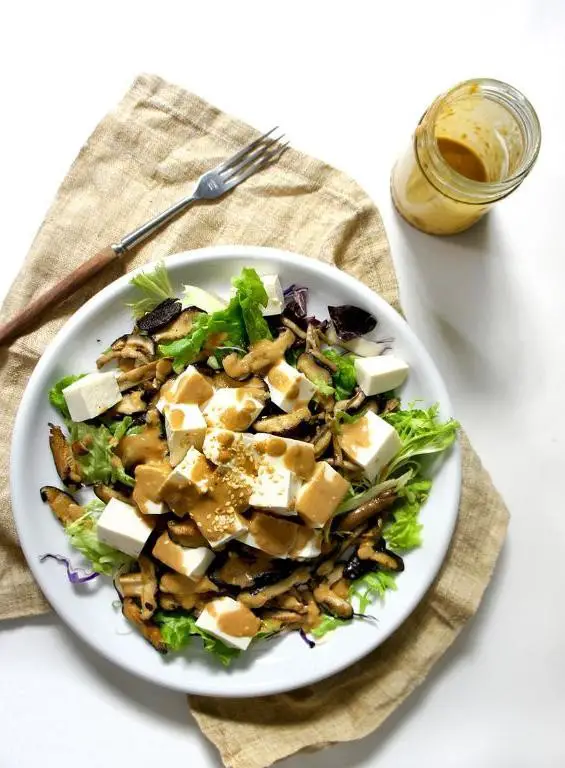 Warm Tofu Salad with Mushrooms and Spinach
